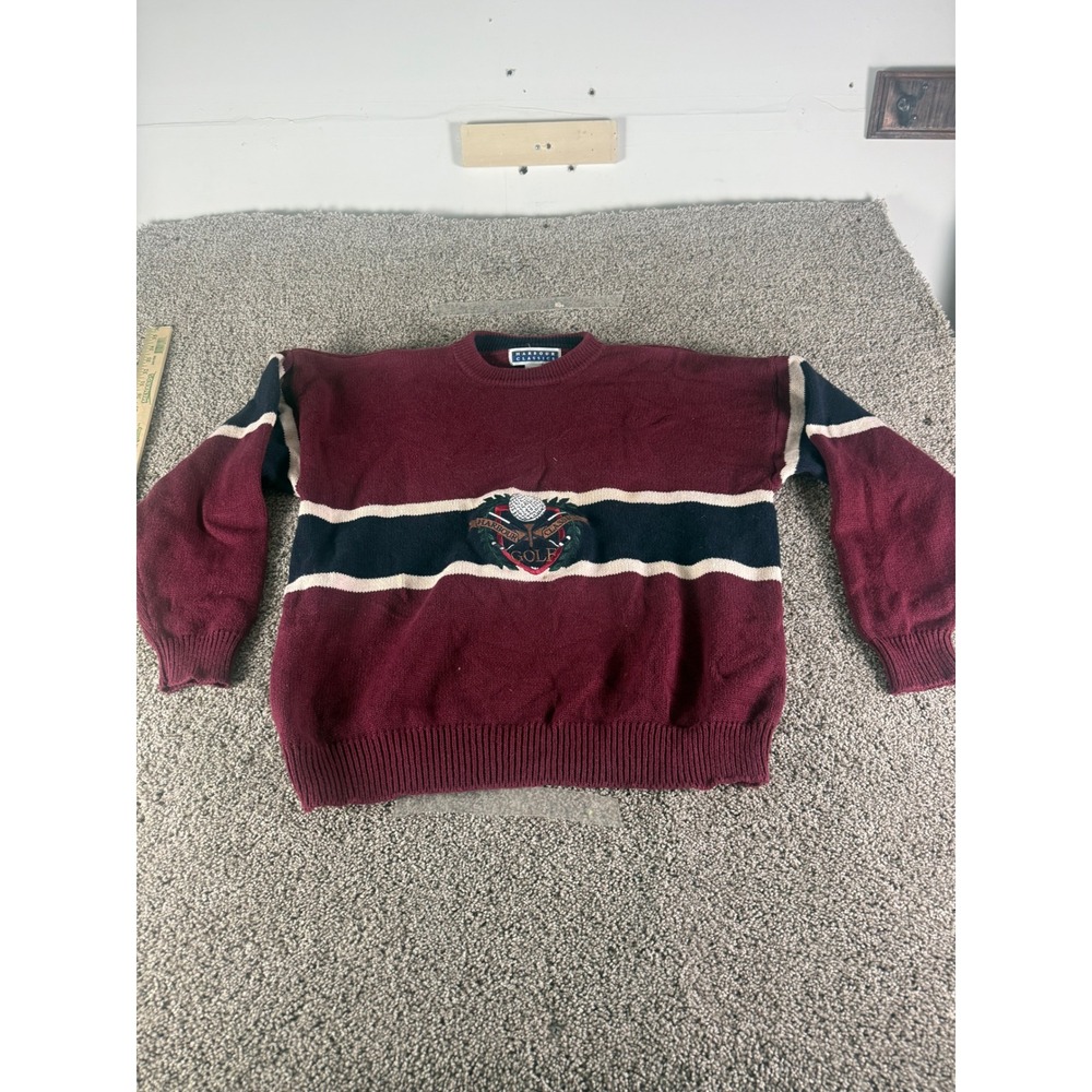 Harbour Classics Mens XL Golf Crest Knit Sweater Maroon Striped Ramie Cotton